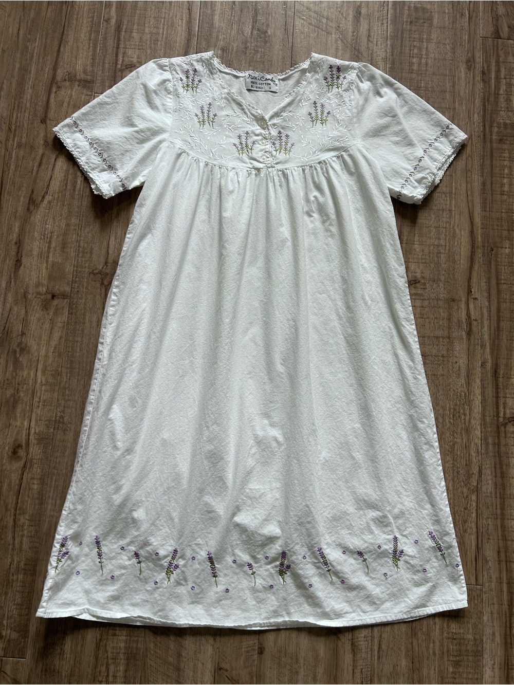 Embroidered 100% Cotton Nightgown White with Lavender embroidered flowers